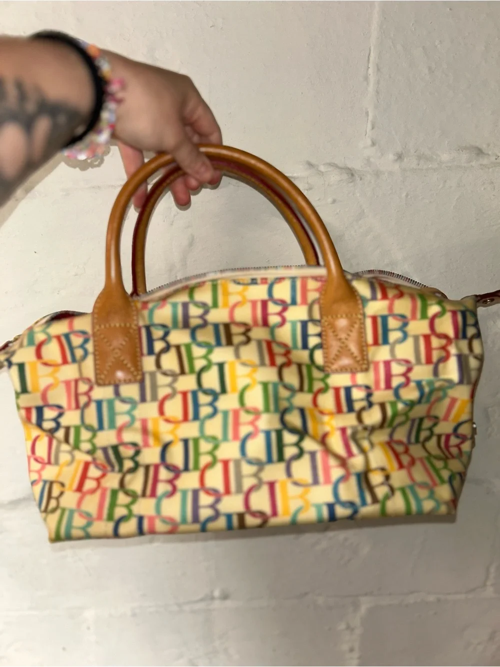 Dooney & Bourke Multicolor Logo Satchel with Tan Trim